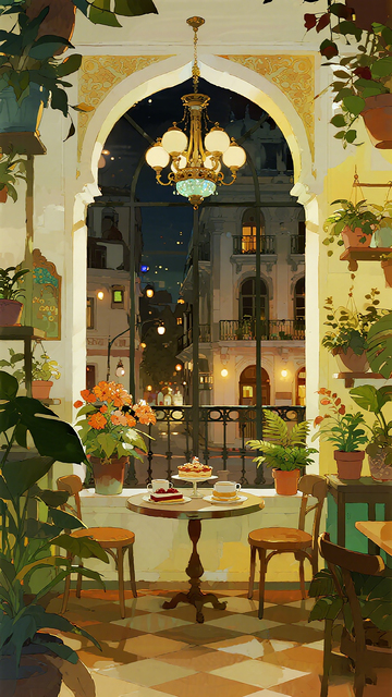 温暖阳台夜景插画