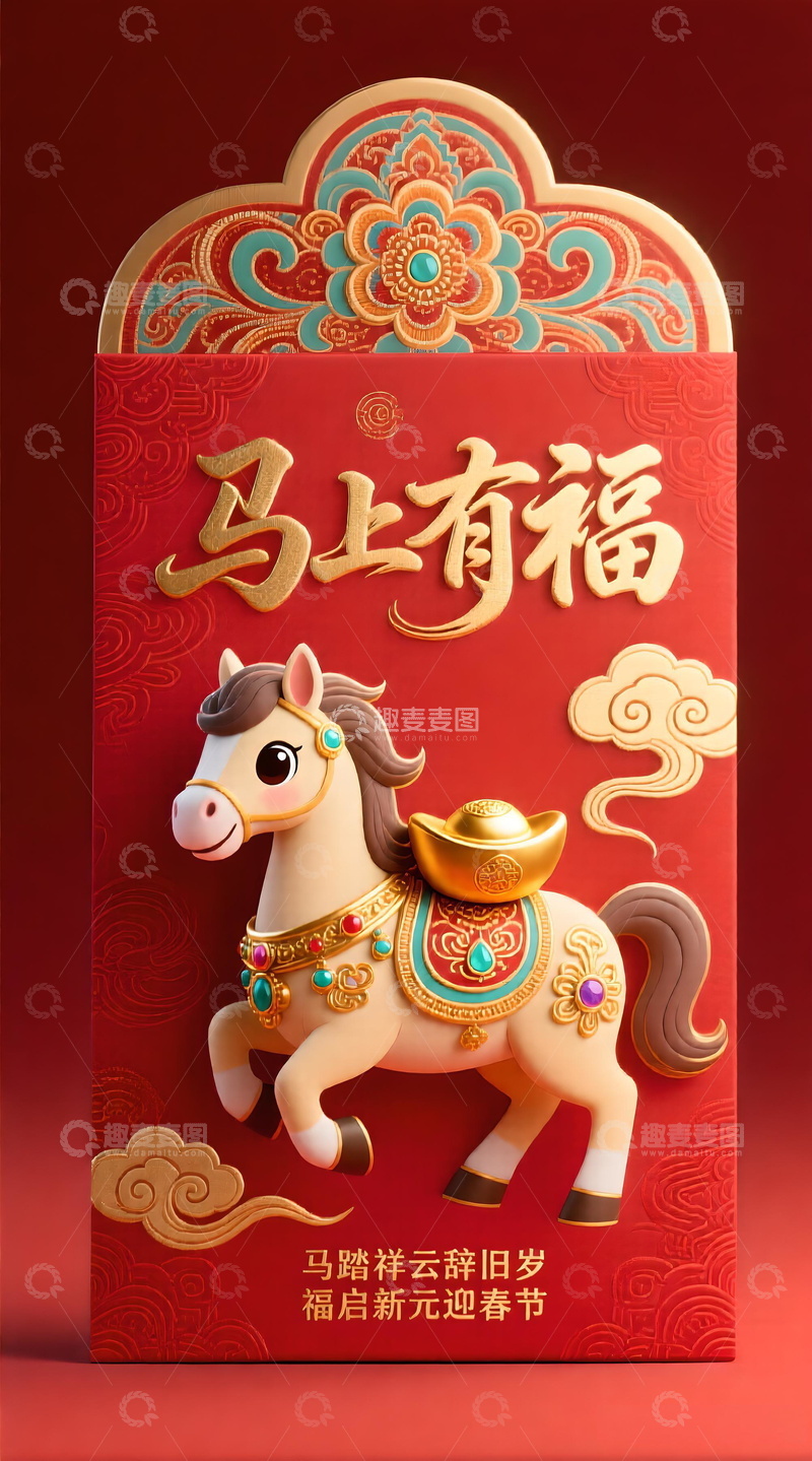 高清大图下载【趣麦麦图】红色喜庆马年祝福贺卡红包图案素材