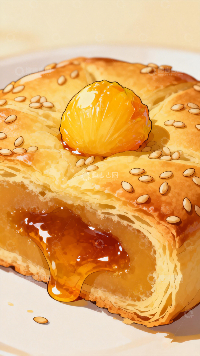 高清大图下载【趣麦麦图】金黄酥皮糕点蜂蜜装饰美食插画