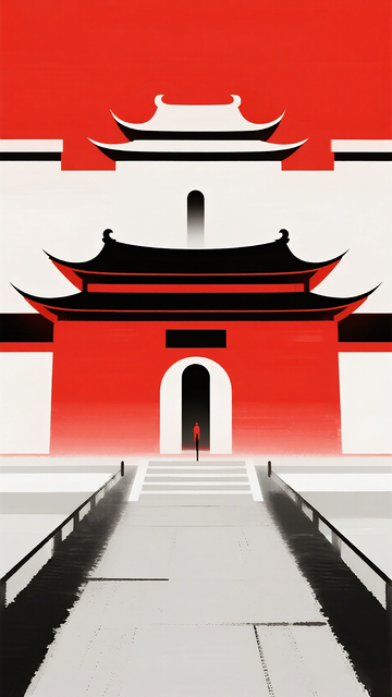 红白色调东方建筑插画