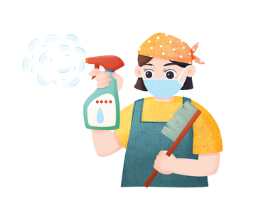 手持清洁工具的卡通人物插画