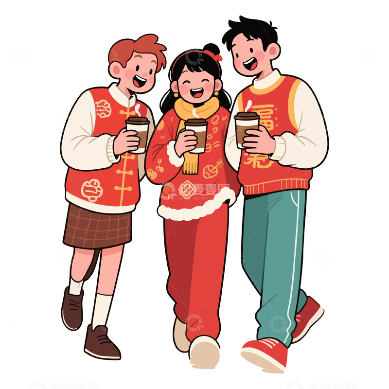 源文件下载【趣麦麦图】喜庆新年朋友相聚插画