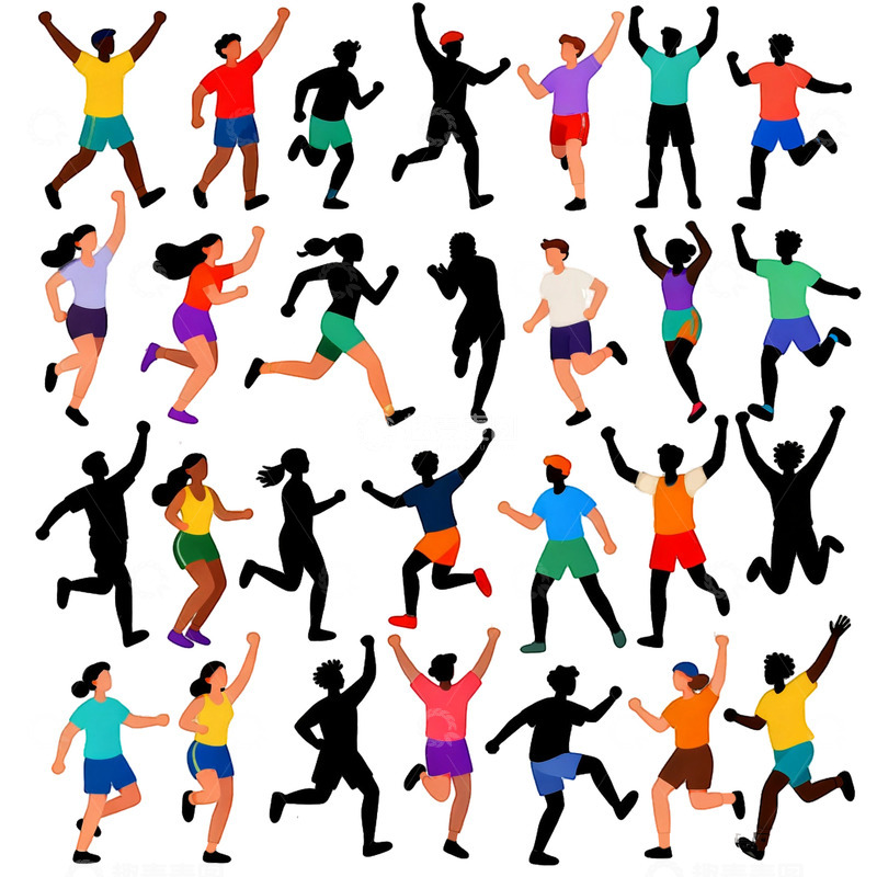 高清大图下载【趣麦麦图】多彩跳跃人物剪影素材