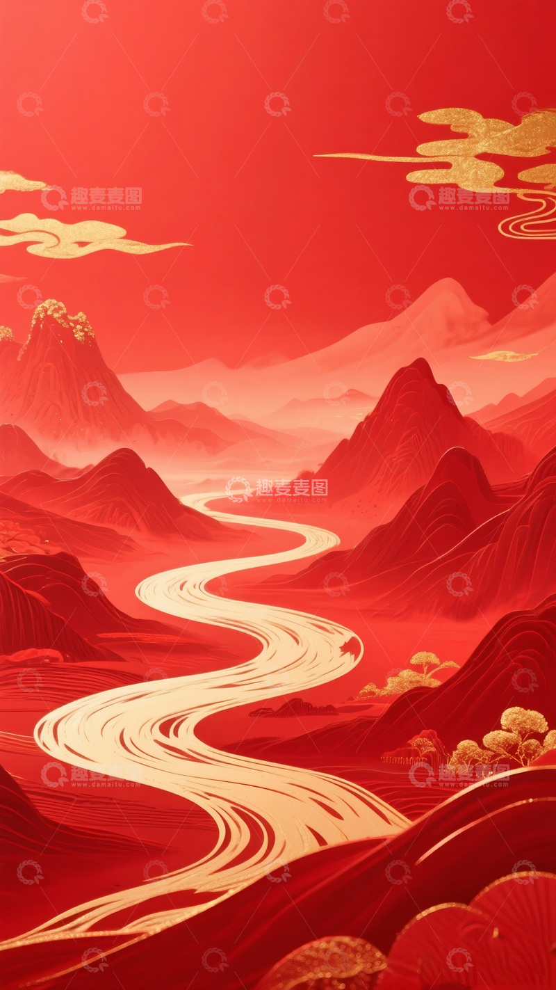 高清大图下载【趣麦麦图】红色山水画风格山河图