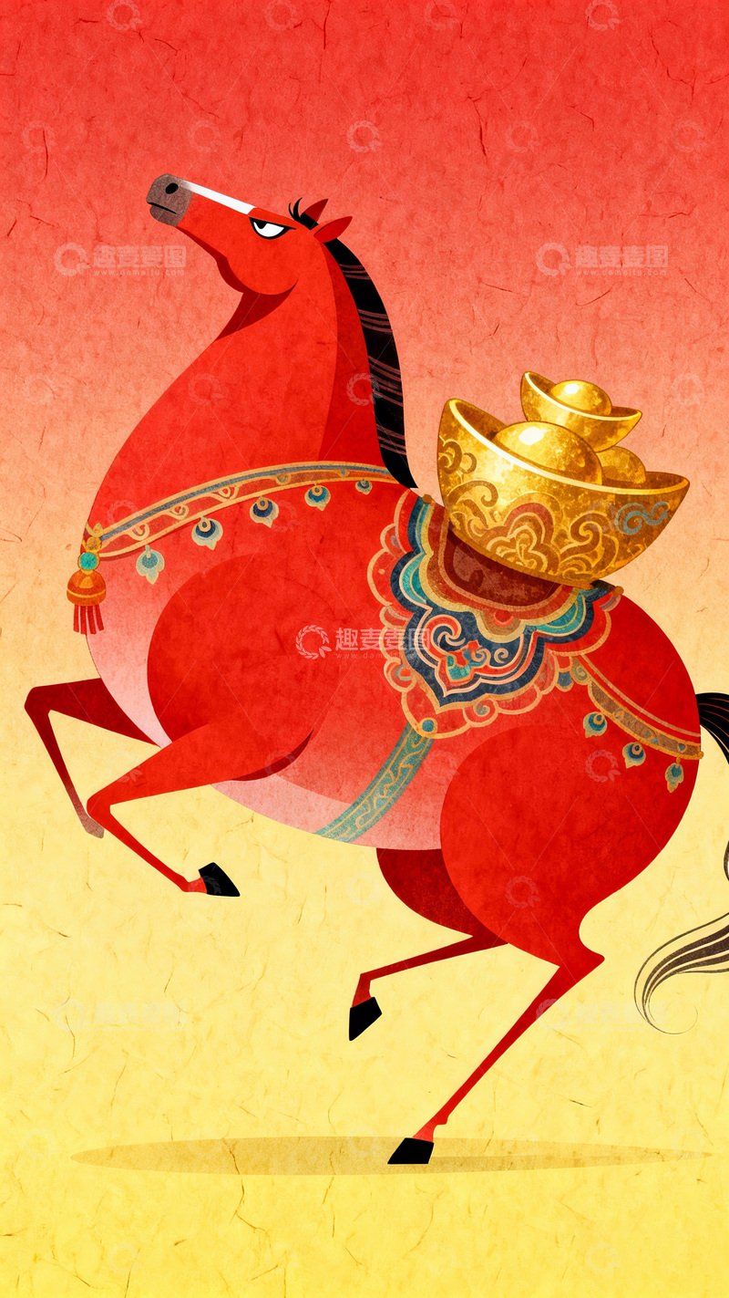 高清大图下载【趣麦麦图】中国风红马金盆插画
