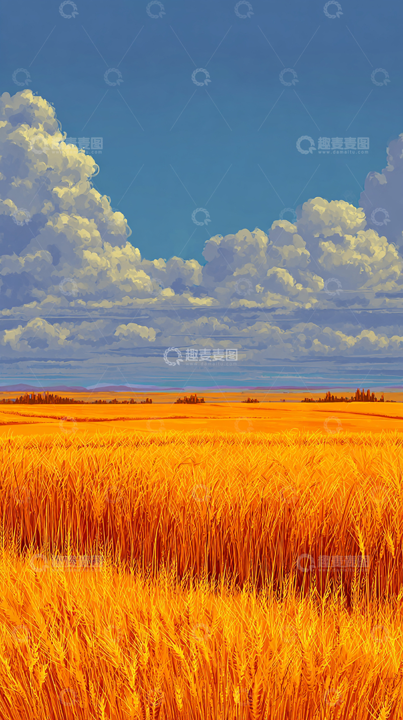 高清大图下载【趣麦麦图】金色麦田与蔚蓝天空交汇