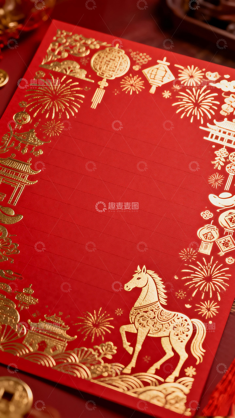 高清大图下载【趣麦麦图】新年喜庆红色贺卡马图案装饰