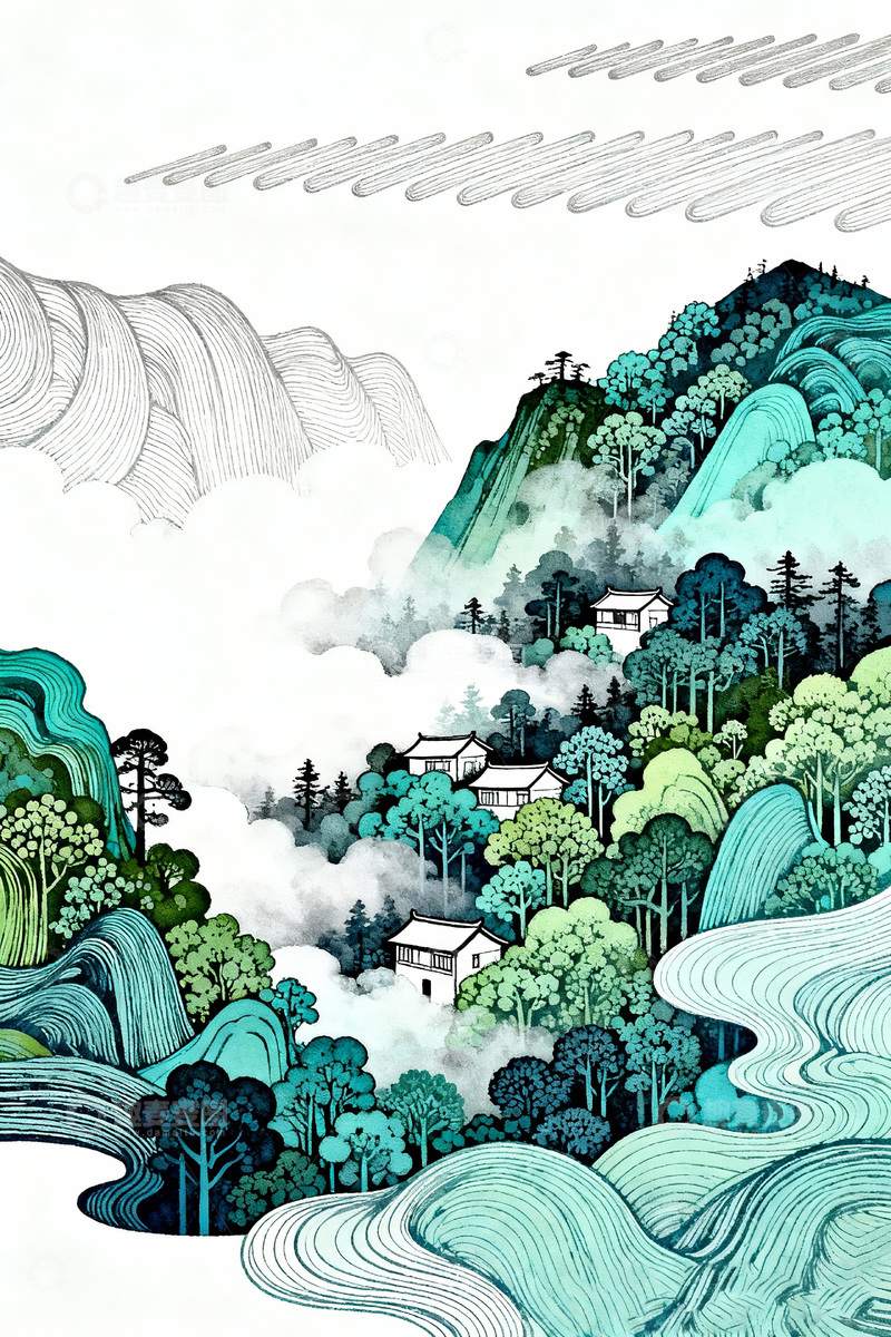 高清大图下载【趣麦麦图】水墨山水村庄风景插画