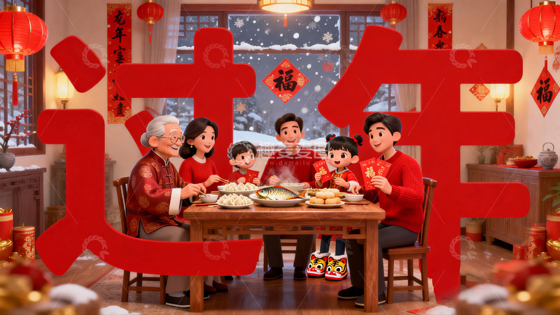 高清大图下载【趣麦麦图】春节团圆喜庆插画