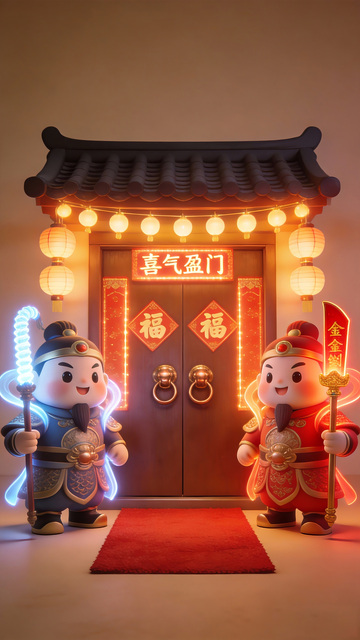 春节喜庆门神灯笼装饰