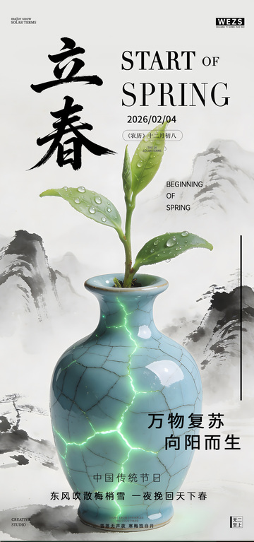 立春水墨风花瓶绿植宣传海报