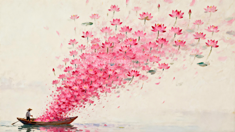 高清大图下载【趣麦麦图】梦幻樱花舟水墨画