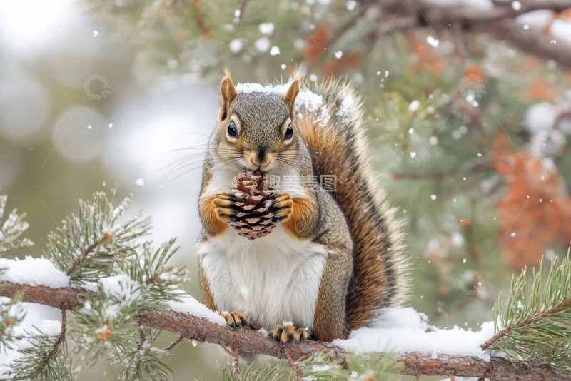 高清大图下载【趣麦麦图】站在树枝上吃松果的小松鼠