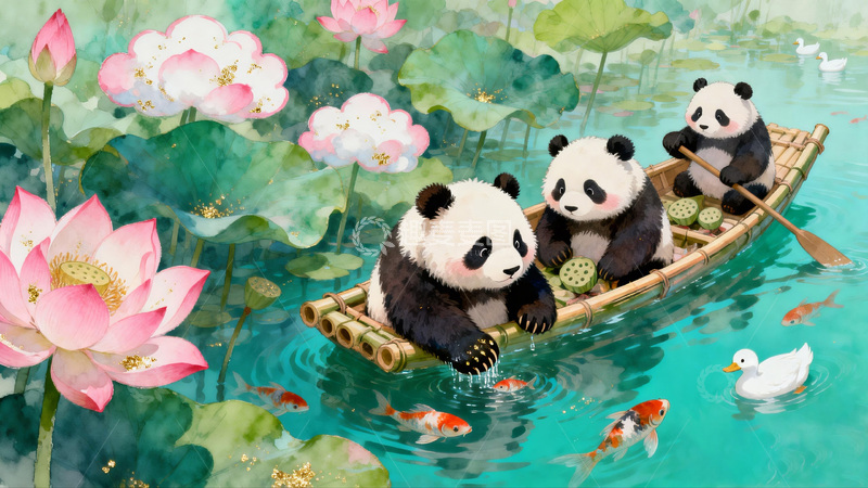 高清大图下载【趣麦麦图】熊猫荷花小舟卡通插画
