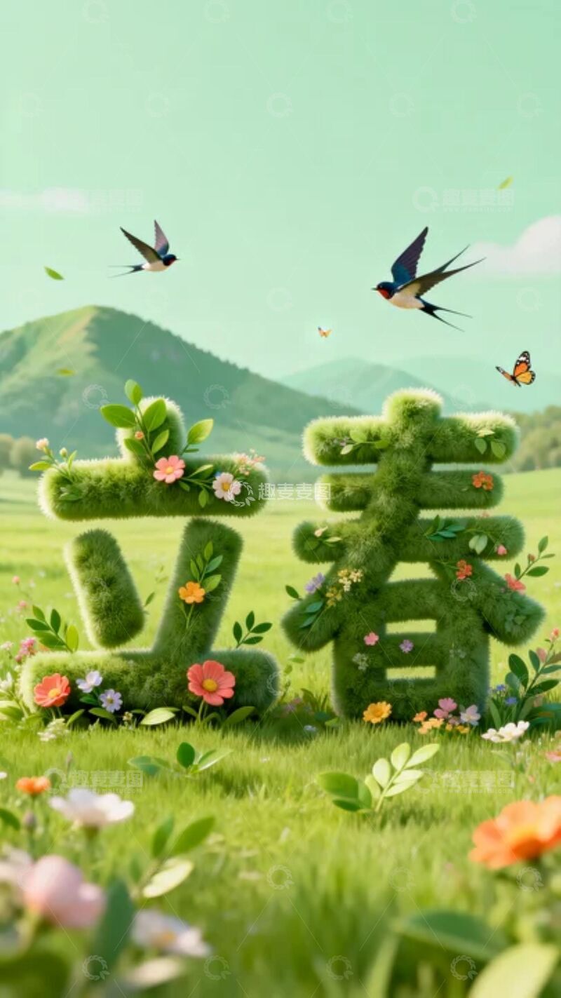 高清大图下载【趣麦麦图】立春风光草地鸟语花