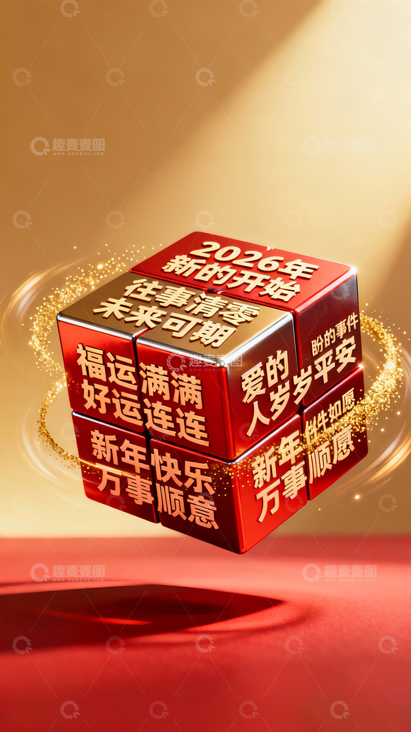 高清大图下载【趣麦麦图】新年祝福红色立方体礼盒设计