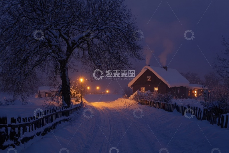 高清大图下载【趣麦麦图】夜晚的乡村雪景