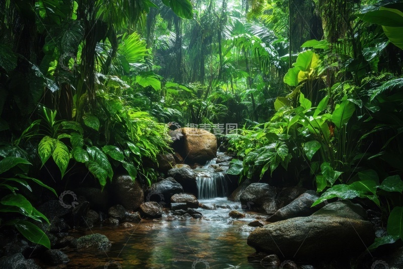 高清大图下载【趣麦麦图】热带雨林溪流树林