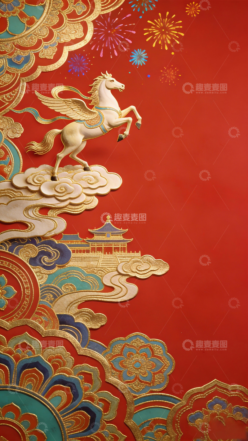 高清大图下载【趣麦麦图】中国风骏马祥云节日装饰画