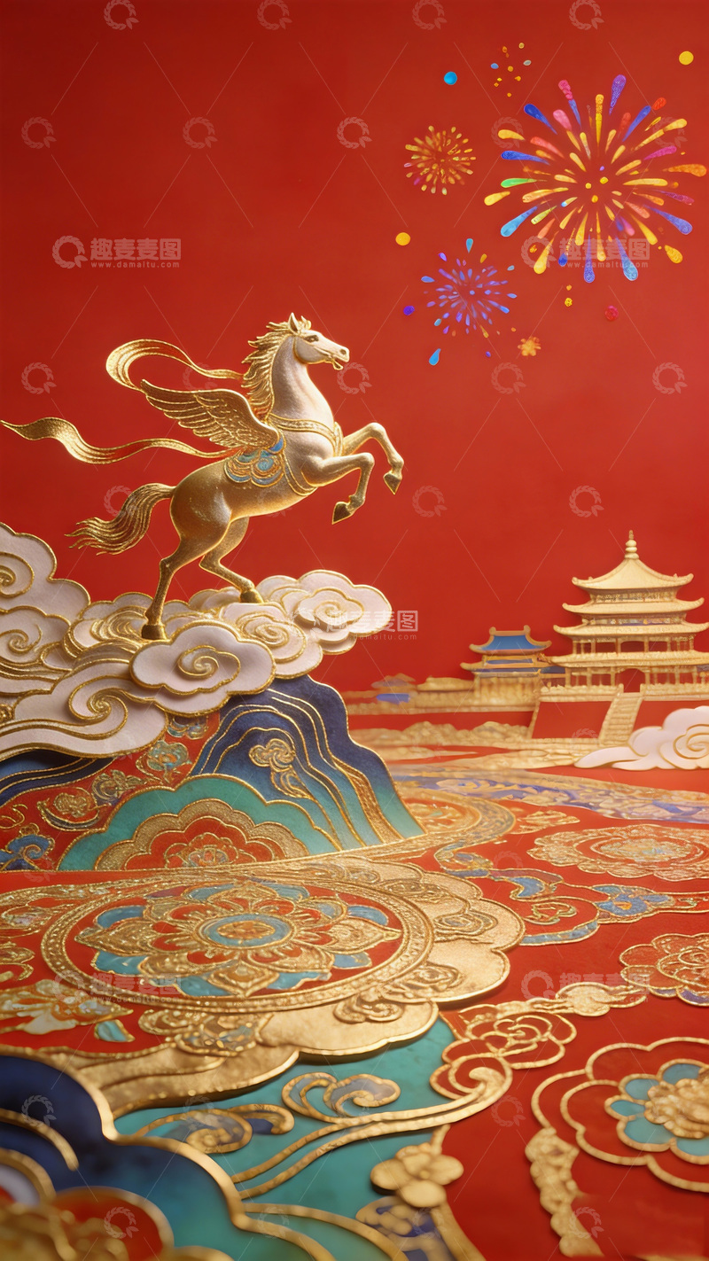 高清大图下载【趣麦麦图】金色骏马祥云中国传统图案