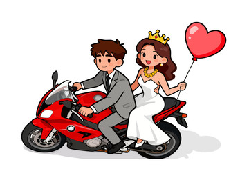 卡通婚礼摩托车新人插画素材