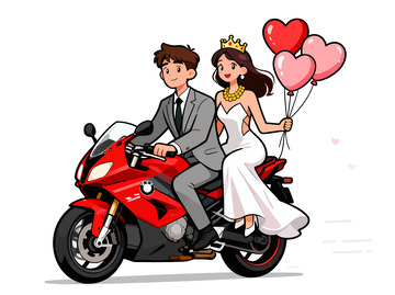 卡通新婚骑摩托车插画素材