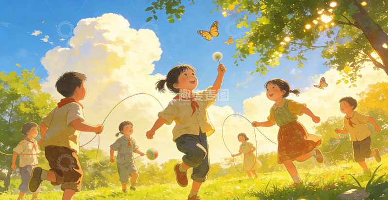 高清大图下载【趣麦麦图】阳光草地儿童嬉戏插画