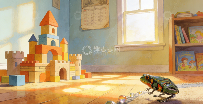 高清大图下载【趣麦麦图】童趣房间卡通青蛙积木插画