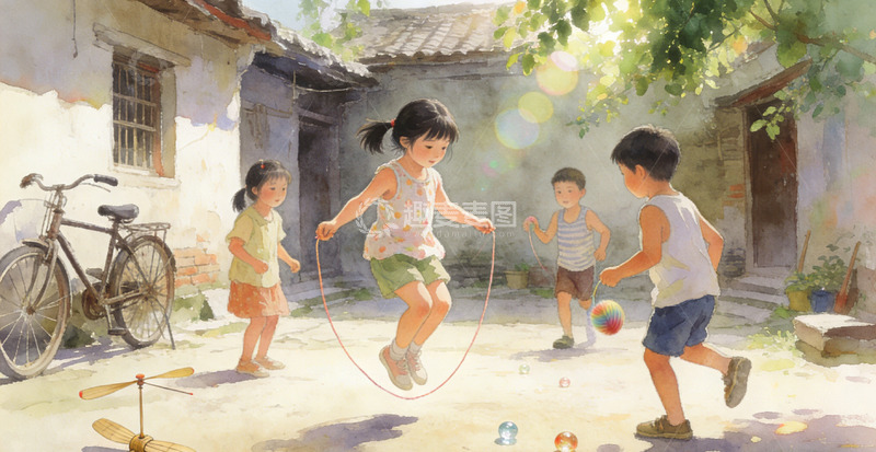 高清大图下载【趣麦麦图】童年童趣老胡同玩耍场景插画