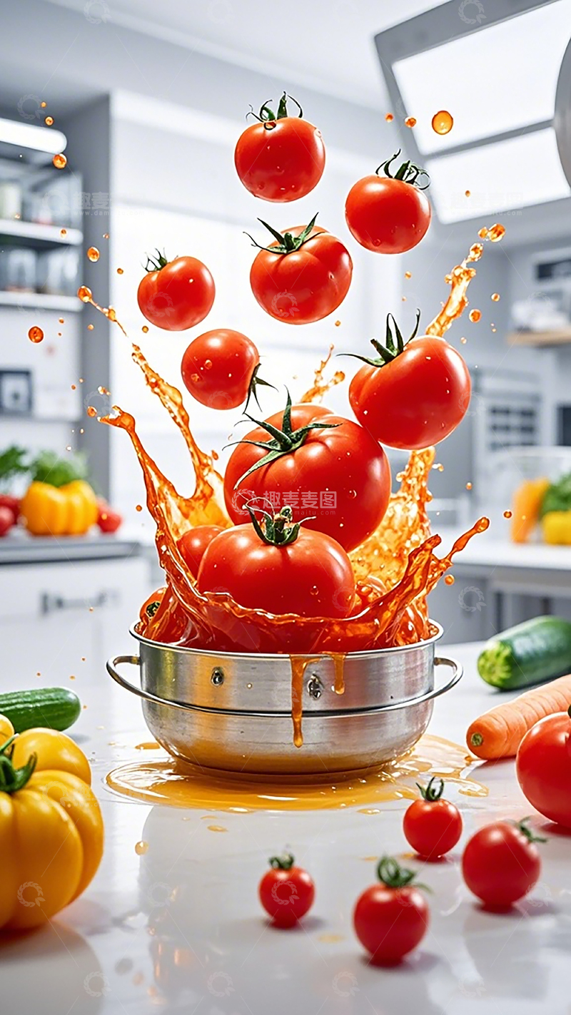 高清大图下载【趣麦麦图】动感厨房番茄汁飞溅创意摄影
