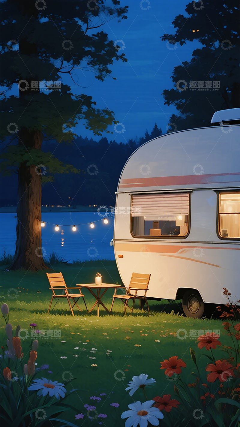 高清大图下载【趣麦麦图】夜间露营风景插画