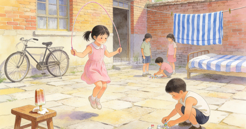 高清大图下载【趣麦麦图】童趣童年大院玩耍插画