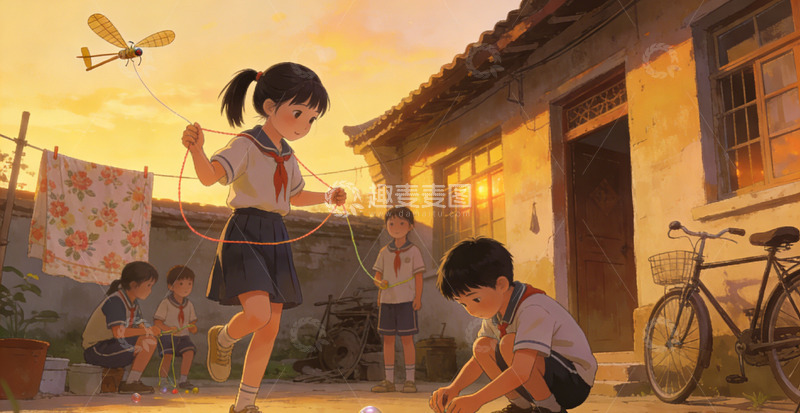 高清大图下载【趣麦麦图】怀旧乡村童年跳绳场景插画