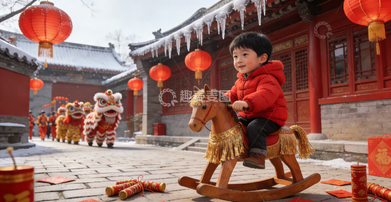 高清大图下载【趣麦麦图】新春庙会儿童木马舞狮场景