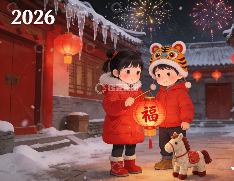 高清大图下载【趣麦麦图】马年春节儿童喜庆插画