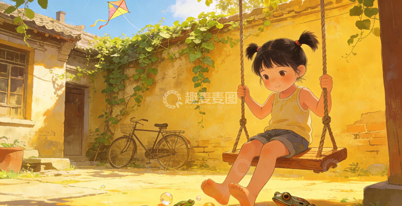 高清大图下载【趣麦麦图】乡村午后童趣手绘插画