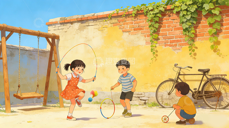 高清大图下载【趣麦麦图】童年游戏童趣插画