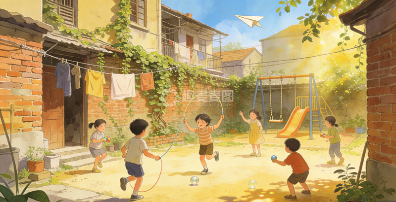 高清大图下载【趣麦麦图】-童趣乡村午后玩耍插画