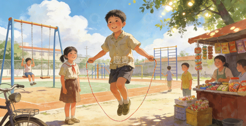 高清大图下载【趣麦麦图】校园童趣跳绳插画