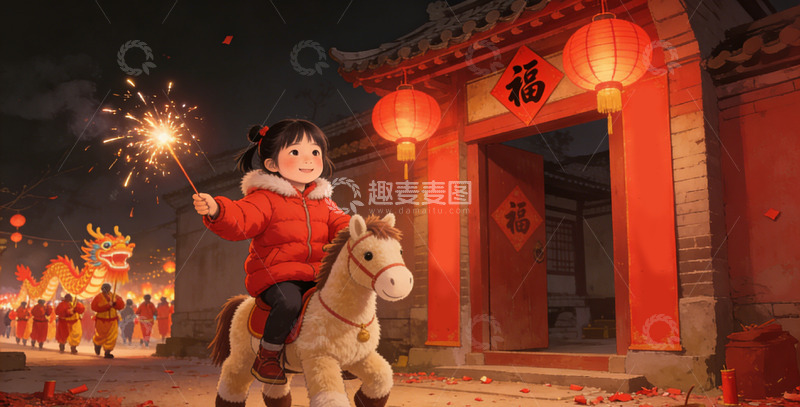 高清大图下载【趣麦麦图】春节欢庆孩童骑马烟花图