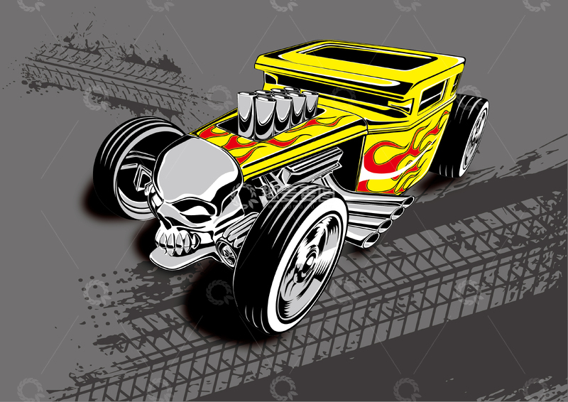 源文件下载【趣麦麦图】酷车火焰骷髅插画