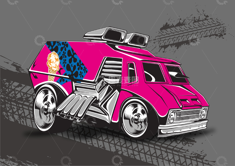 源文件下载【趣麦麦图】粉色改装车卡通插画