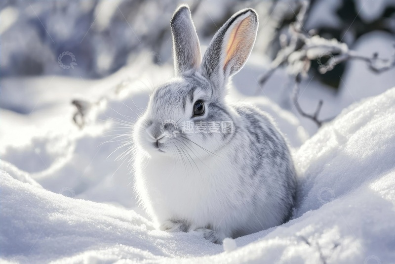 高清大图下载【趣麦麦图】冬季雪地上的一只灰白兔子
