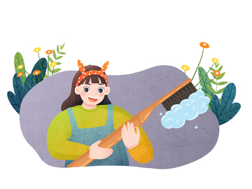 手持刷子快乐清洁的女孩卡通插画