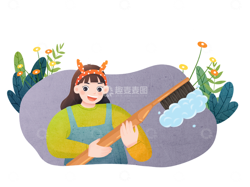 源文件下载【趣麦麦图】-手持刷子快乐清洁的女孩卡通插画