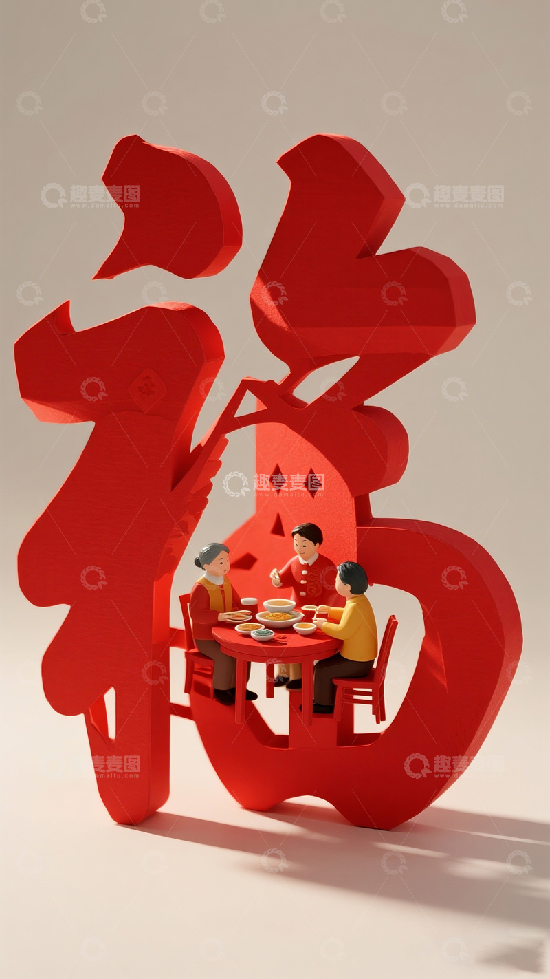 高清大图下载【趣麦麦图】红色立体福字家庭聚餐场景