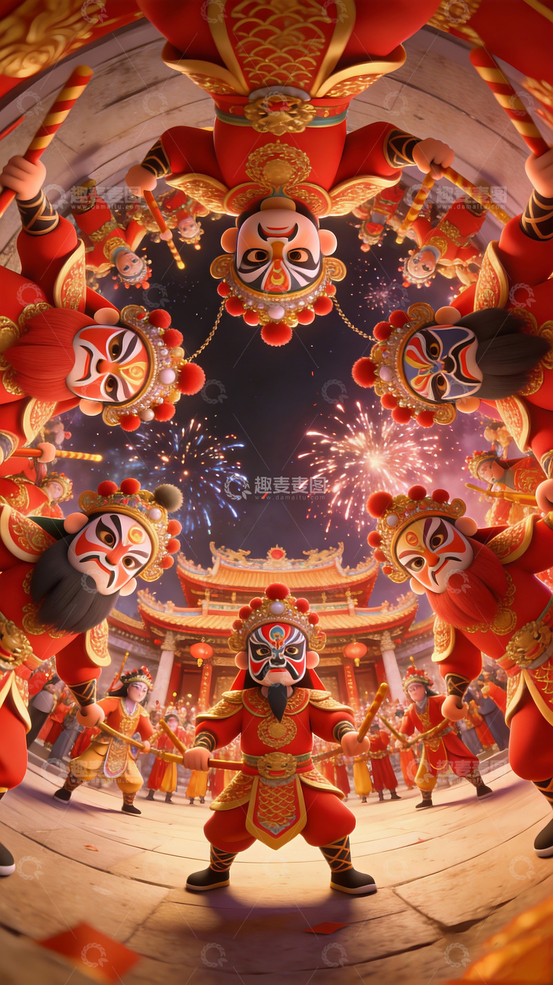 高清大图下载【趣麦麦图】喜庆中国年舞狮烟花场景