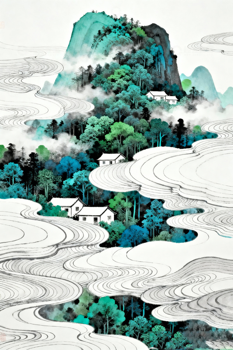 高清大图下载【趣麦麦图】水墨画梯田山村风景插画