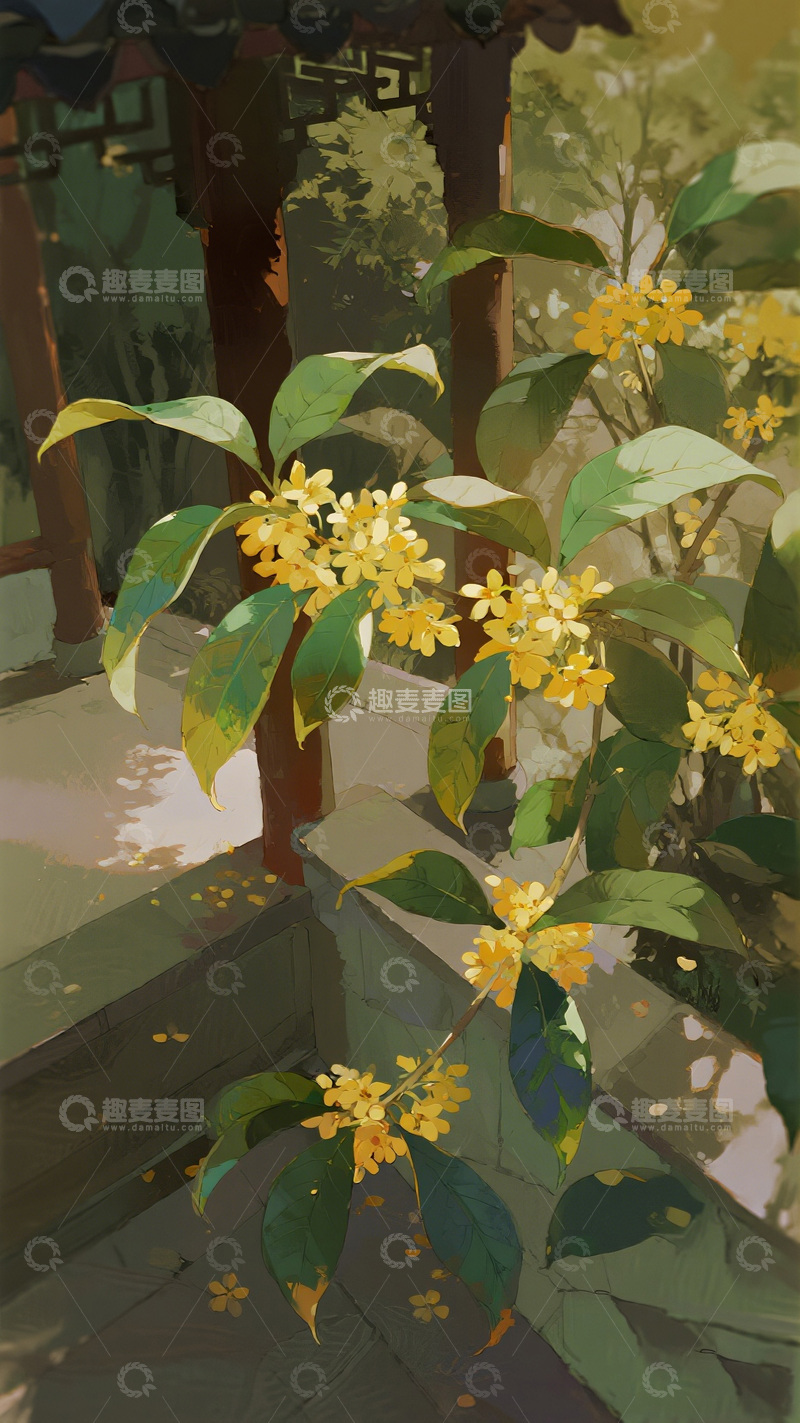 高清大图下载【趣麦麦图】插画风格桂花绽放庭院美景