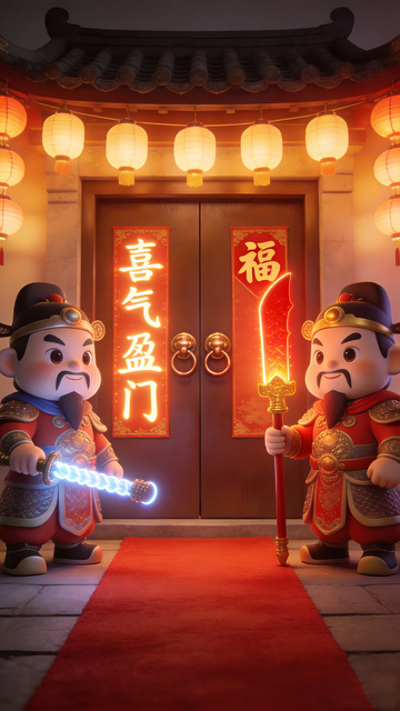 传统中国风喜庆门神插画